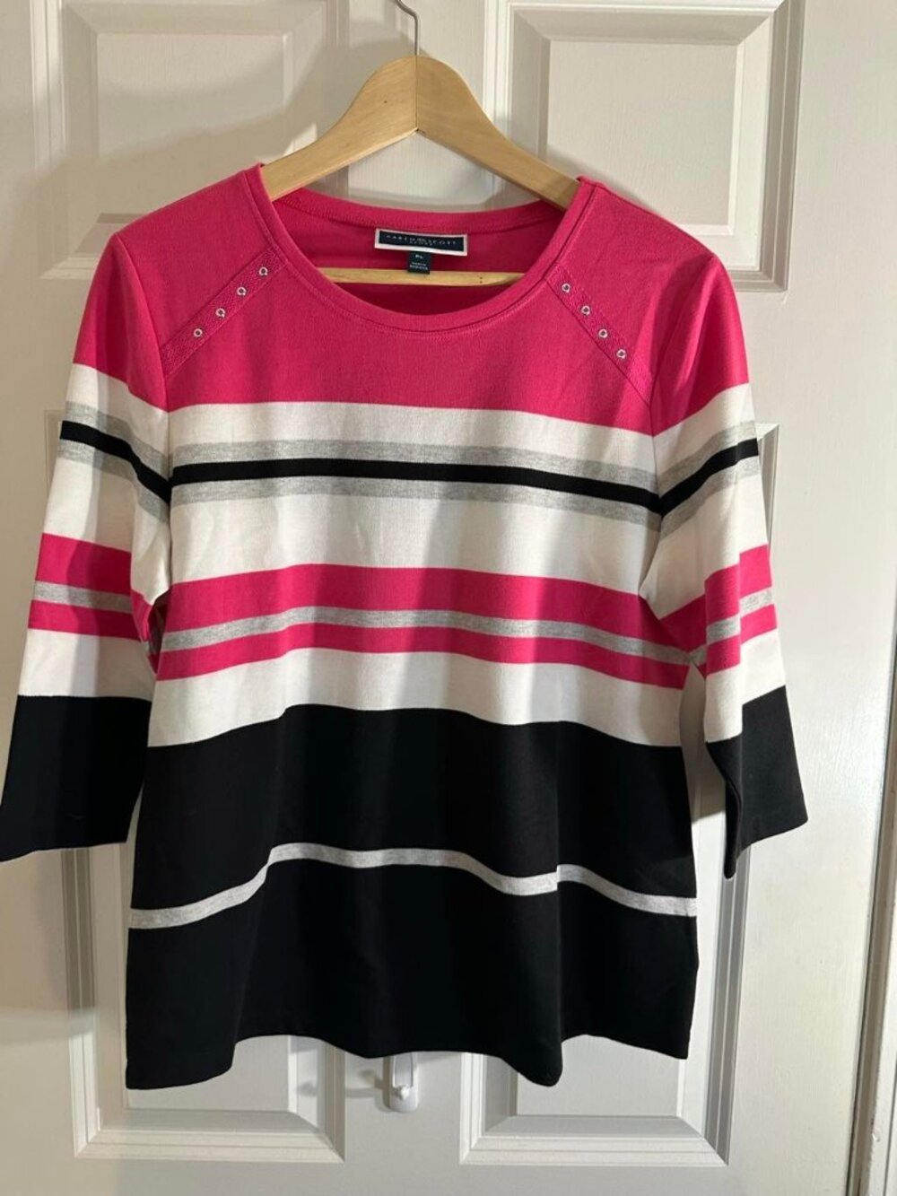 Karen Scott Sport Pink Striped 3/4 Sleeve Knit Top - Size PL